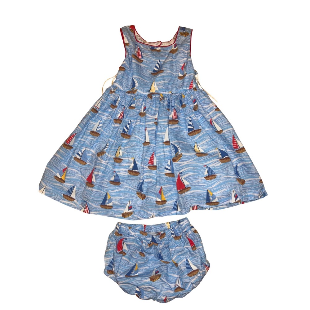 Cotton Kids Baby Girl Sailboat Dress and Bloomers Set Blue Nautical 18M